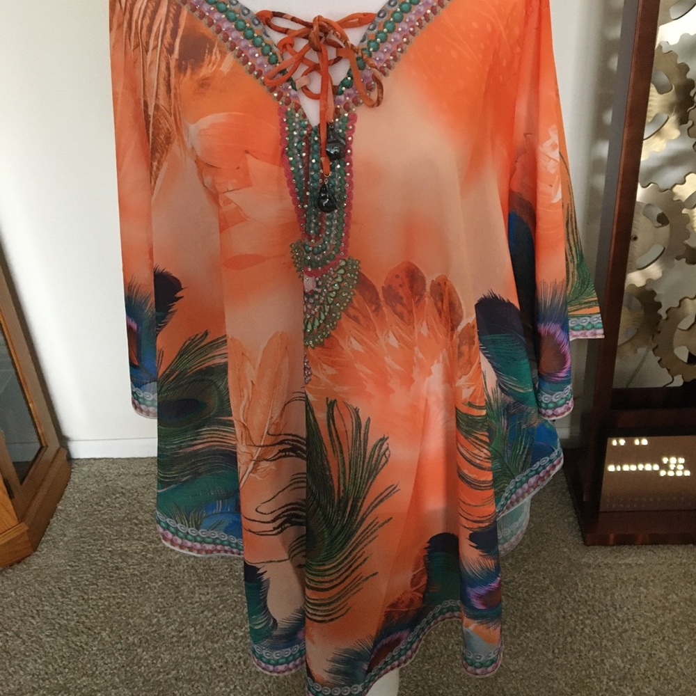 PACIFIC PEARLS NWOT AUTHENTIC ORANGE/OCEAN GIANT BAROQUE PEARL CHIFFON TUNIC